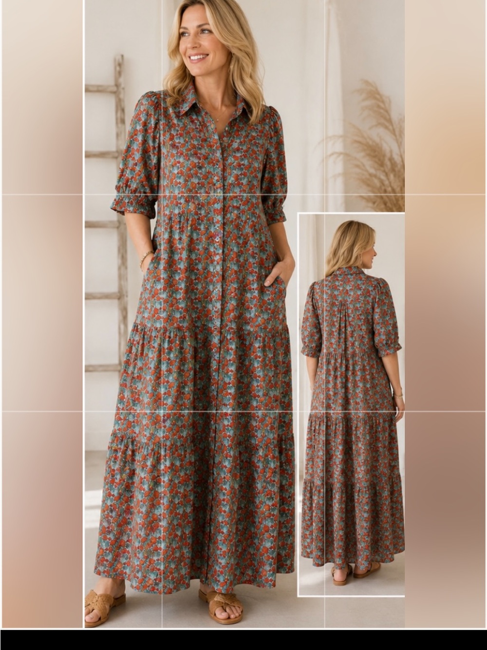 Hyacinth House Womens Orange Teal Floral Cotton Maxi Dress Puff Sleeve Size M